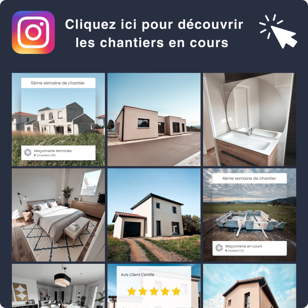 Photo du feed Instagram montrant les chantiers en cours de CIMCO, courtier en construction de maisons individuelles en Auvergne-Rhône-Alpes