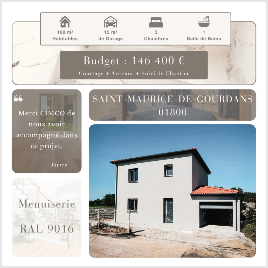 Maison individuelle moderne à étage conforme RE2020 à Saint-Maurice-de-Gourdans (01800) par CIMCO, courtier en construction